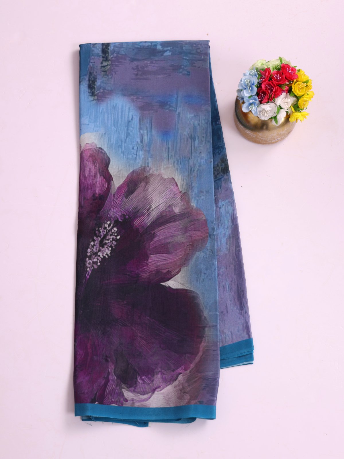 Blue Printed Crepe Silk Saree