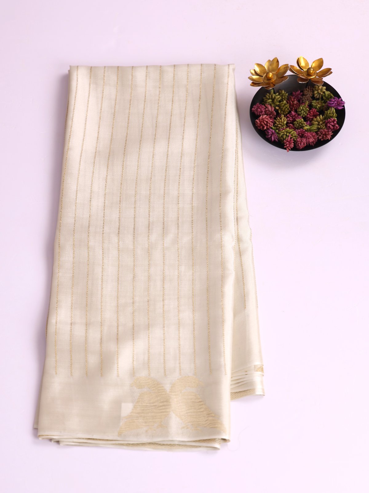 Cream Striped Mysore Silk Saree 