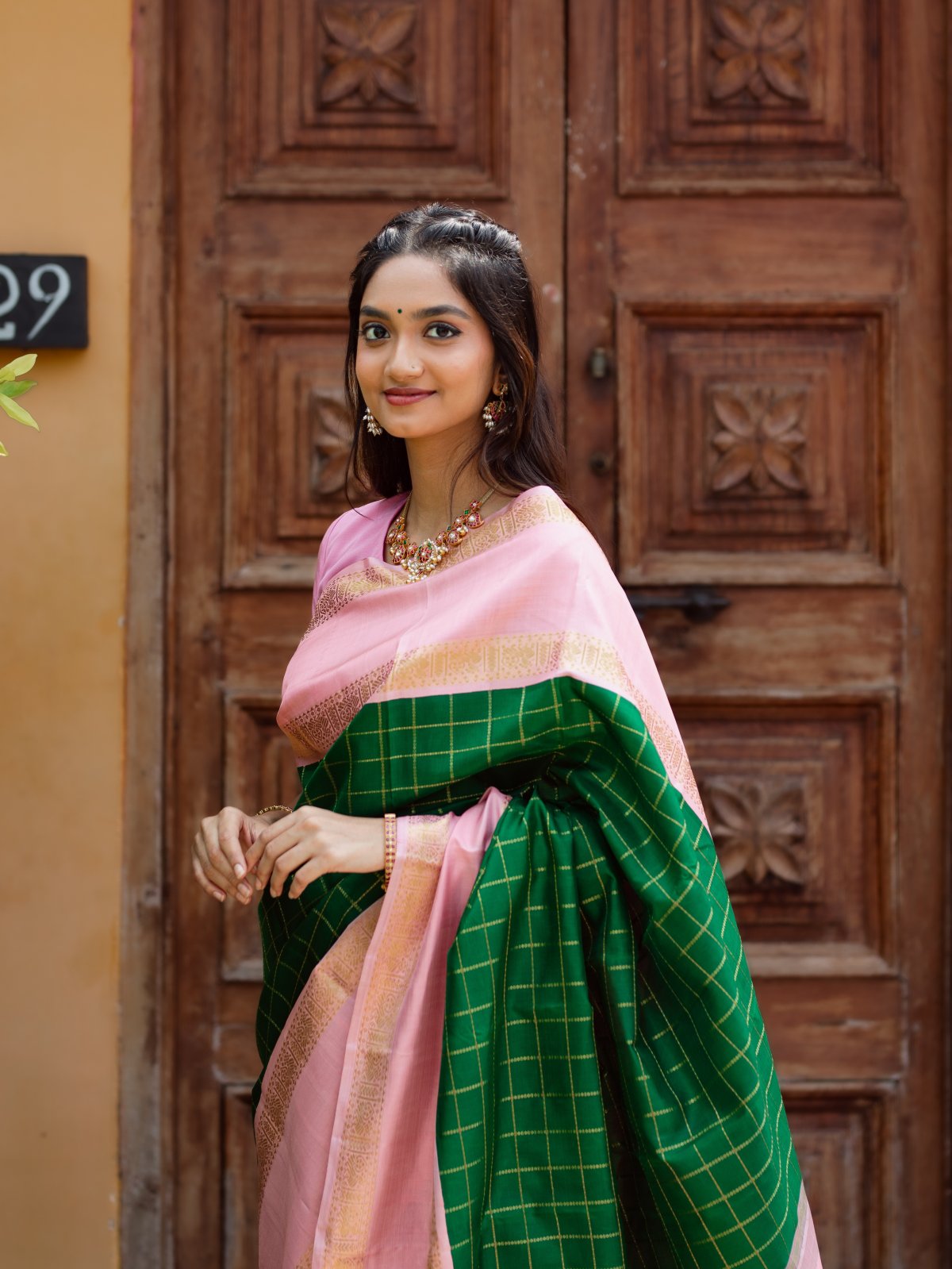 Checked Green Kanjeevaram Silk Saree With Pastel Pink Border