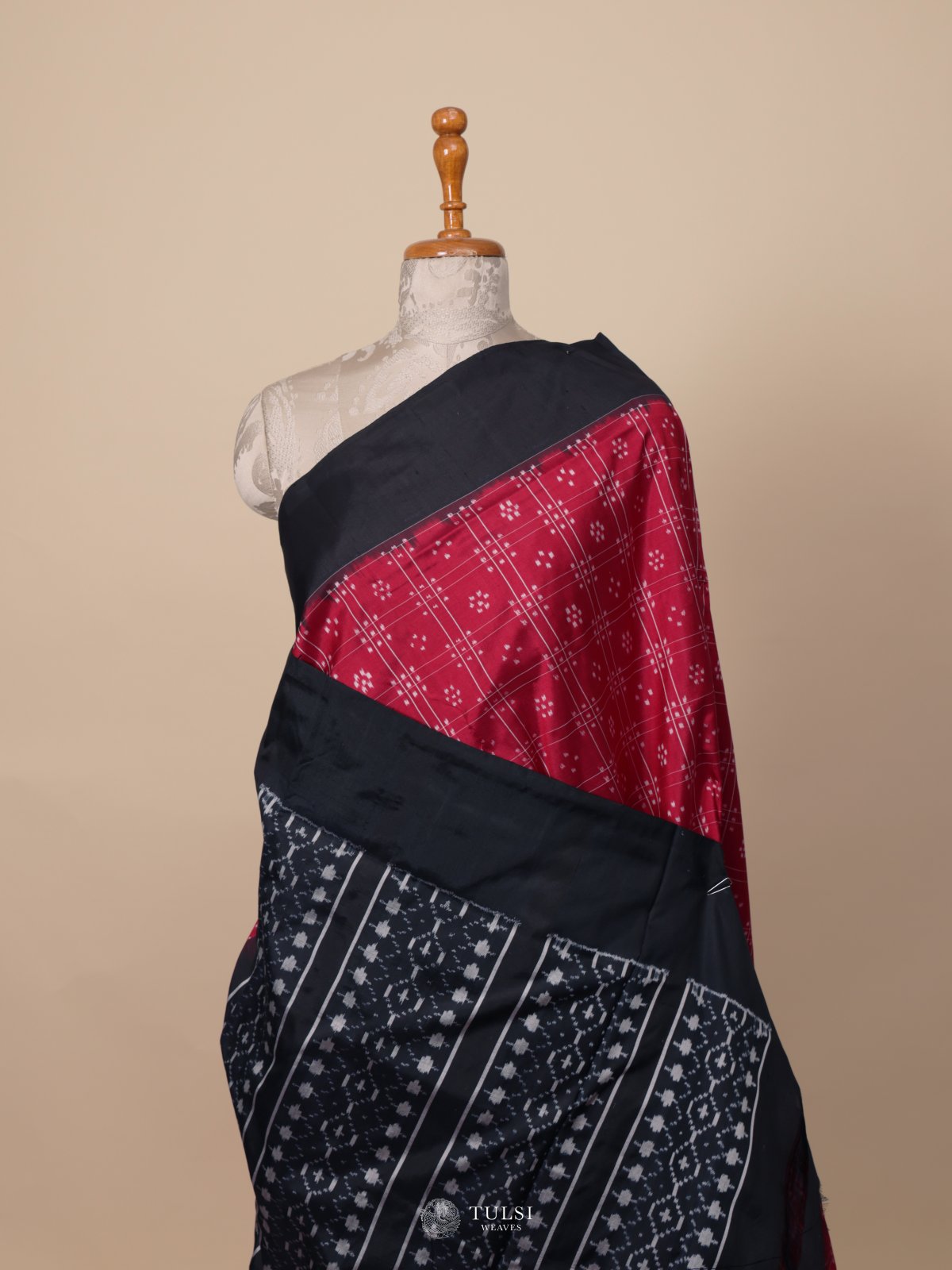 Red Ikat Silk Saree With Black Border