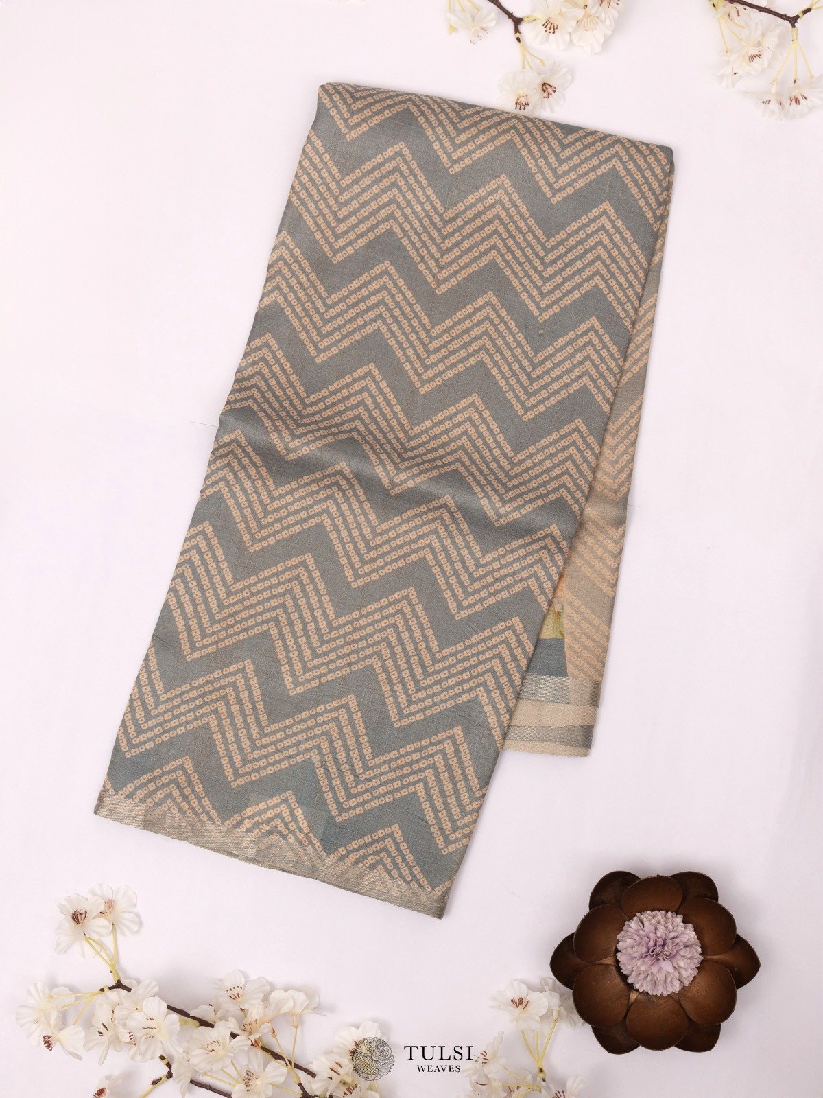 Grey Tussar Silk Saree with Bandhini Print