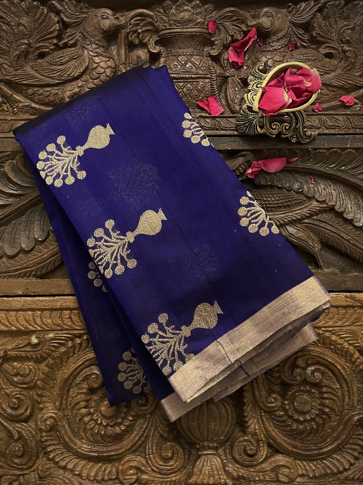 Deep Blue Chanderi Silk Blouse With Gold Zari Floral Motifs