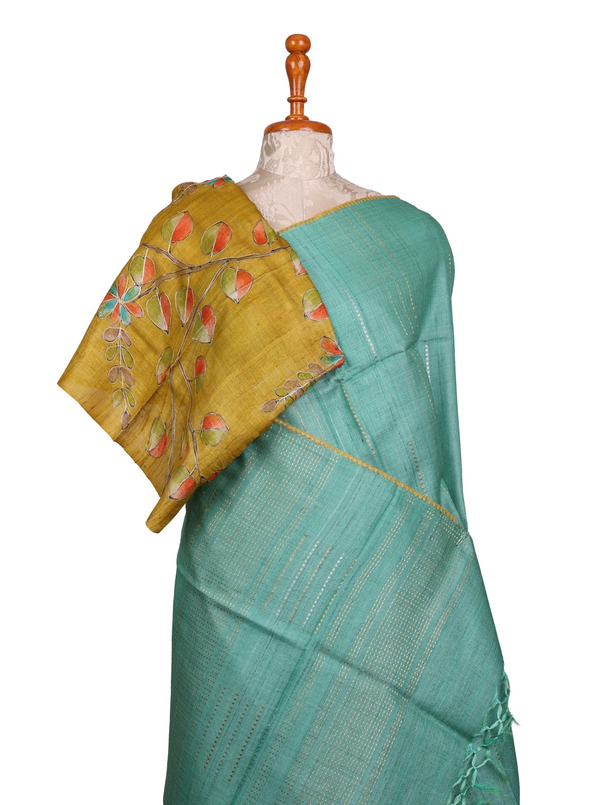 Light Bluish Green Zari Striped Tussar Silk Saree With Kalamkari Blouse