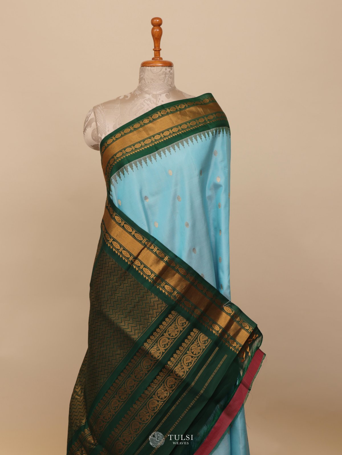 Light Blue Gadwal Silk Saree With Green Border