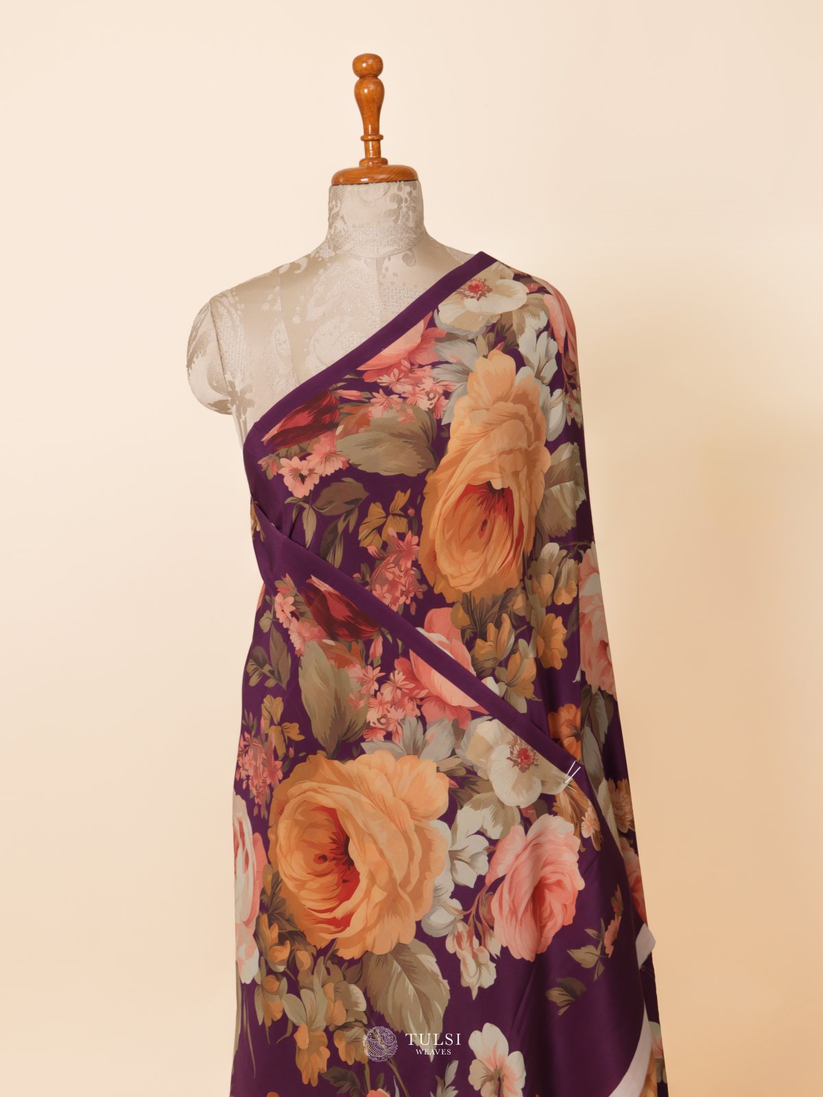 Dark Purple Floral Printed Crepe Silk Saree