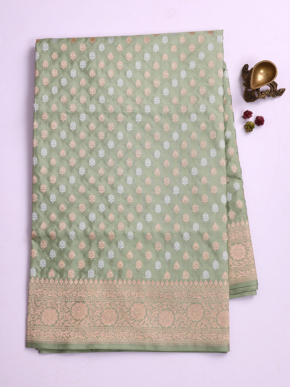 Sage Green Banaras Silk Saree With Zari Border