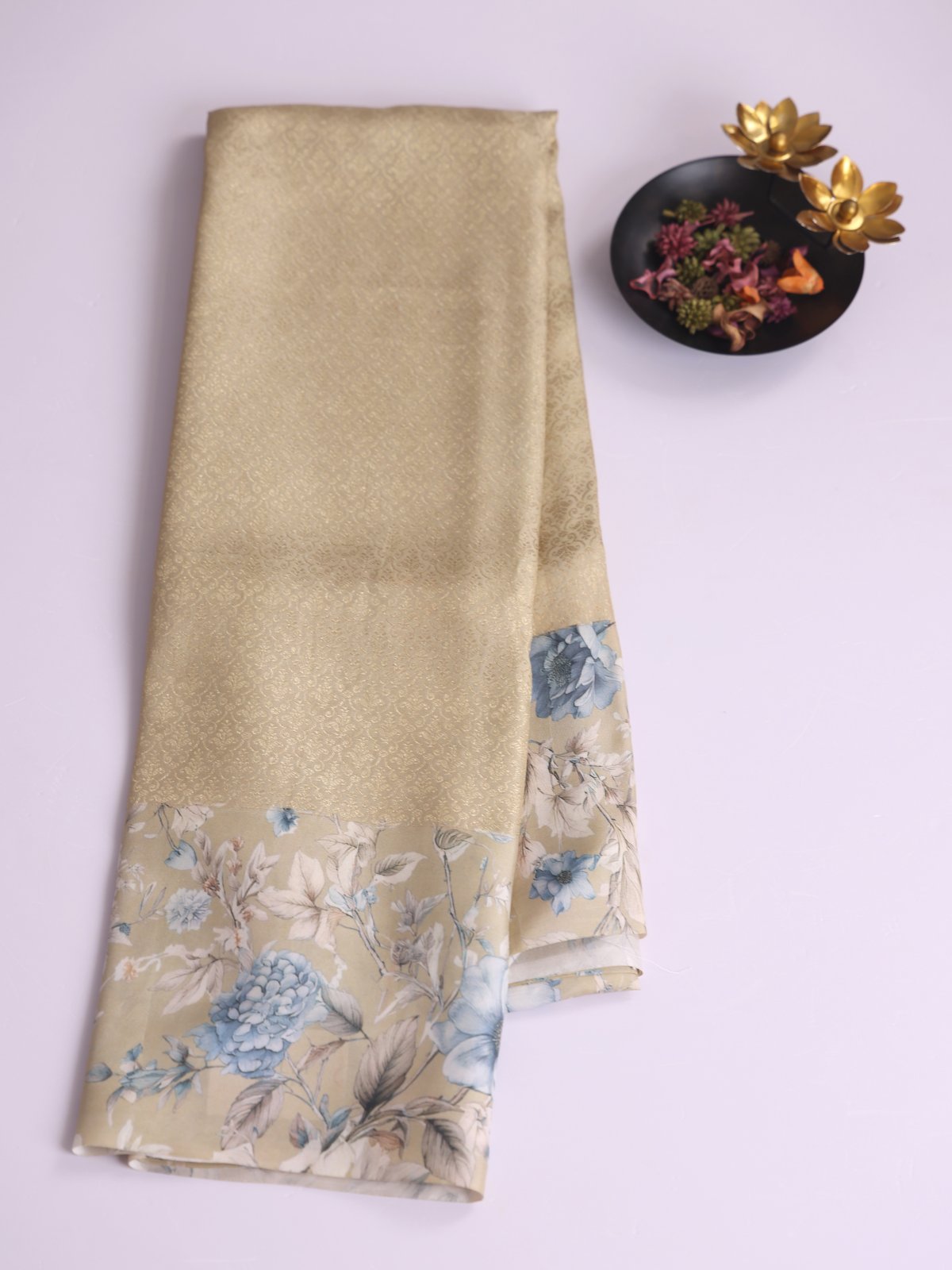 Beige Brocade Kanjeevaram Silk Saree With Printed Border