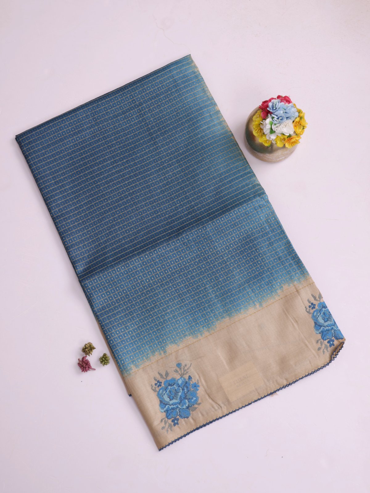 Blue Zari Checked Tussar Silk Saree With Cross-Stitch Embroidery 