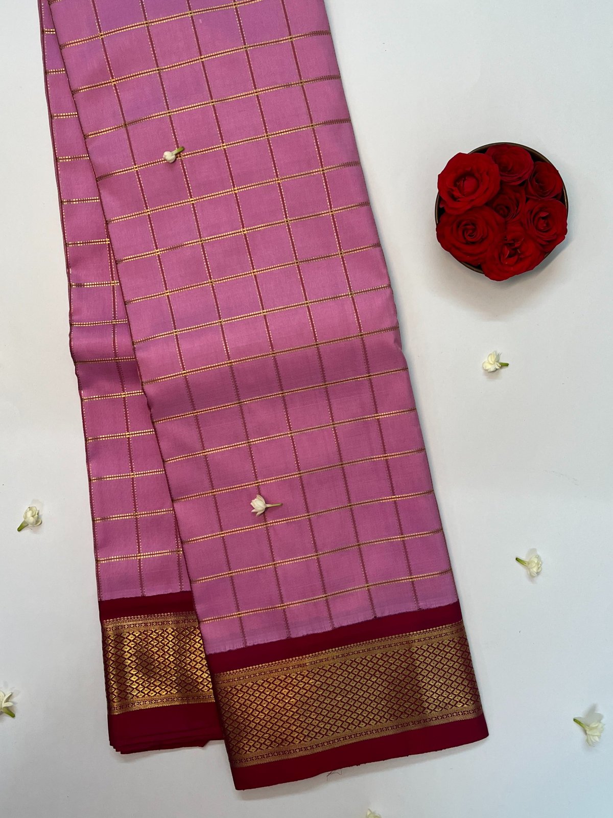 Checked Pink Kanjeevaram Silk Saree With Dark Pink Border