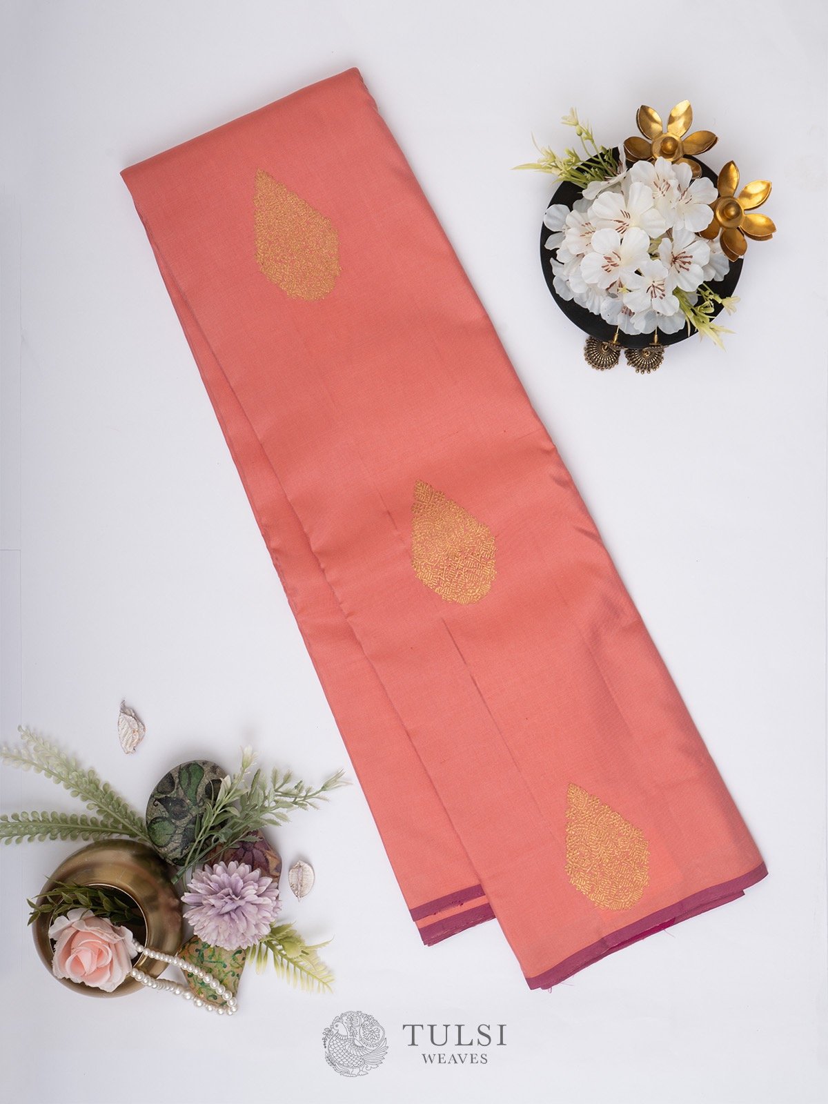 Pinkish Peach Kanjeevaram Silk Saree