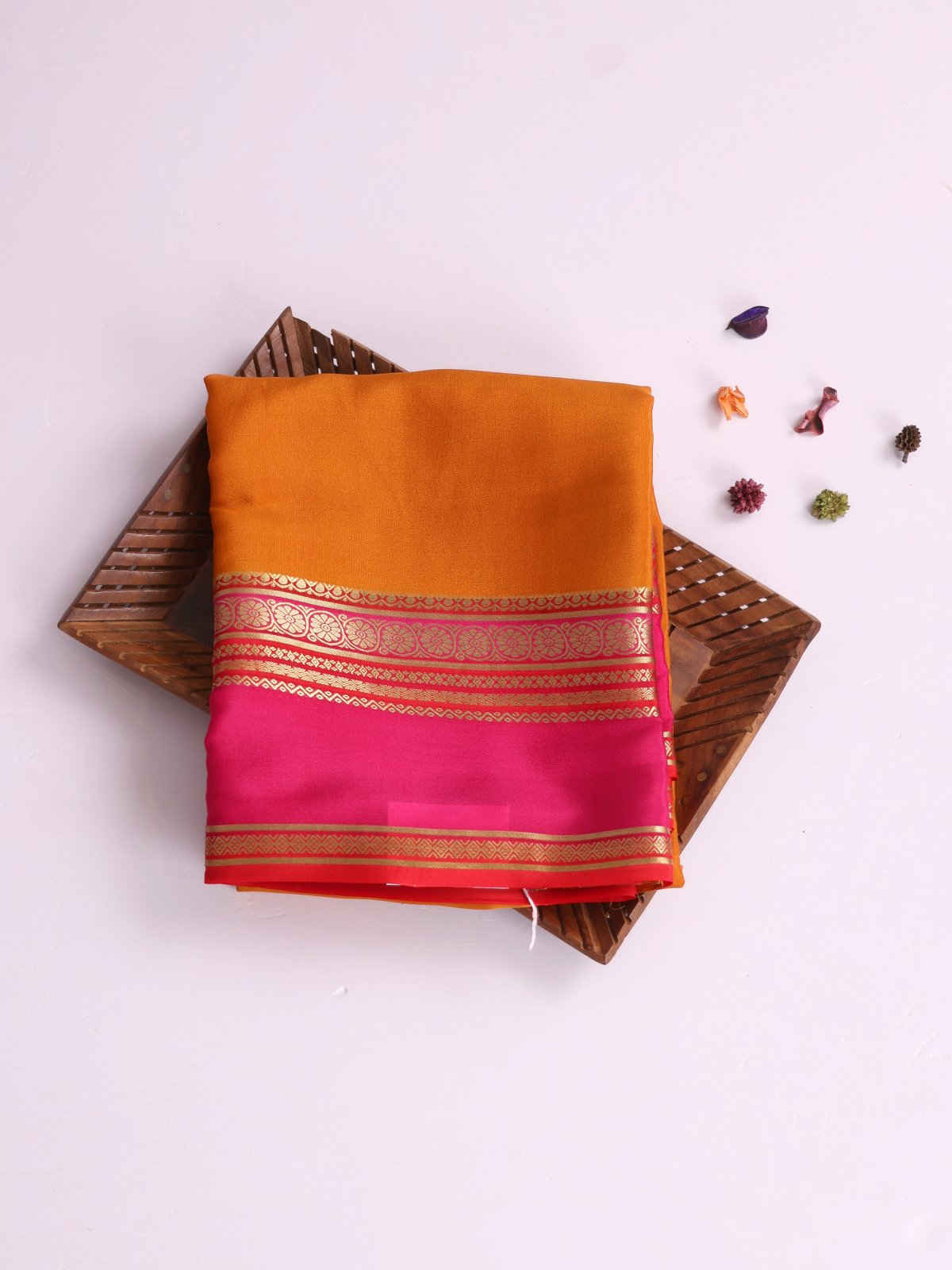 Orange Mysore Silk Saree With Pink Satin Border