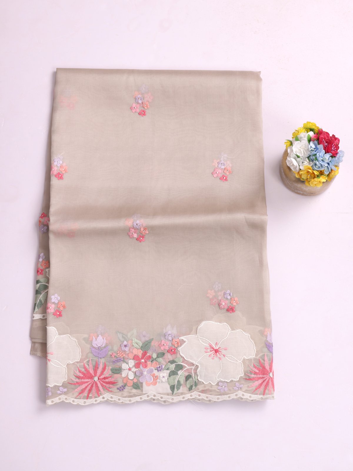 Light Grey Embroidered Organza Silk Saree With Applique Work