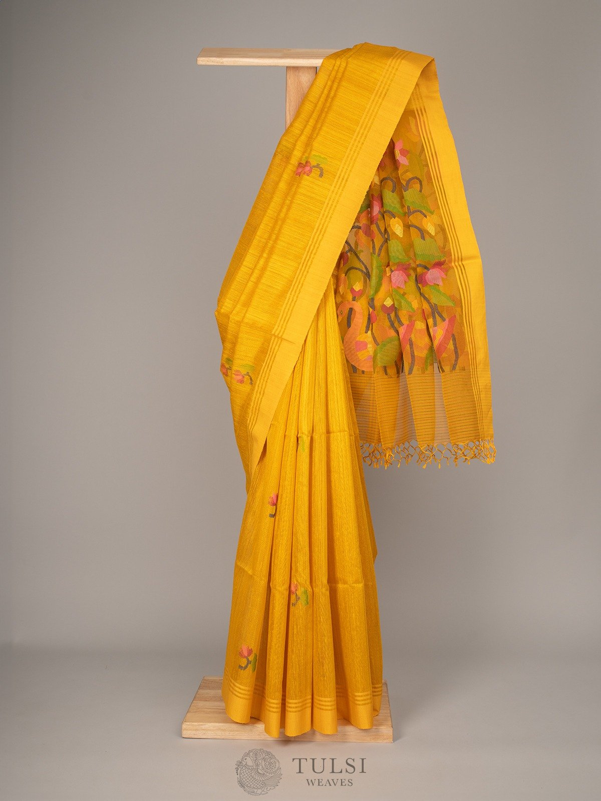Yellow Tussar Jamdani Silk Saree