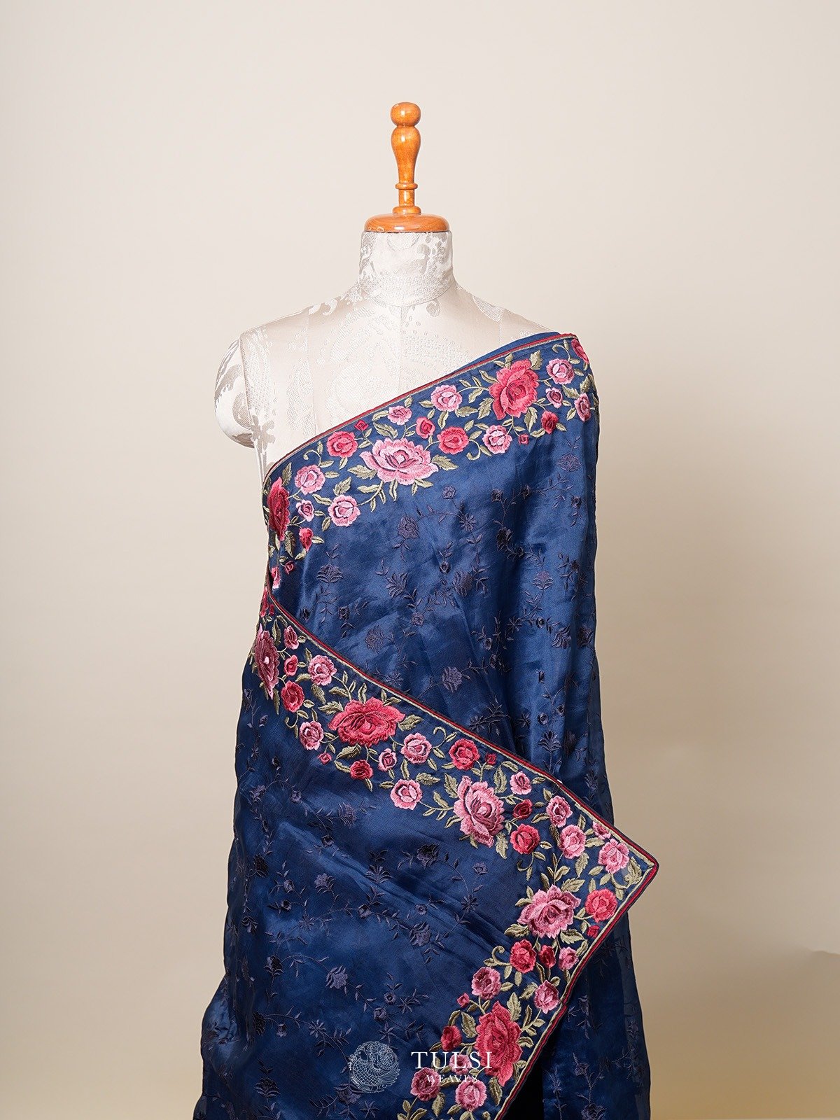 Navy Blue Oraganza Saree with Floral Embroidery Border