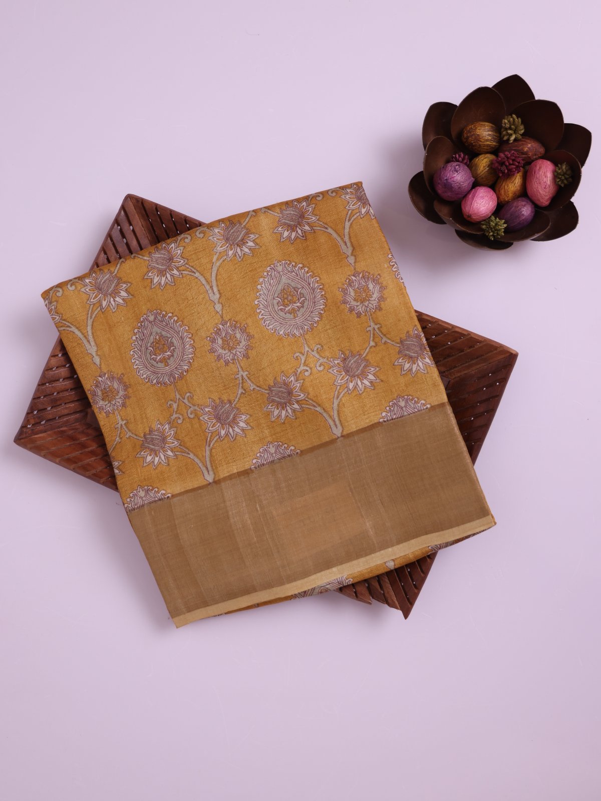 Mustard Printed Tussar Silk Saree