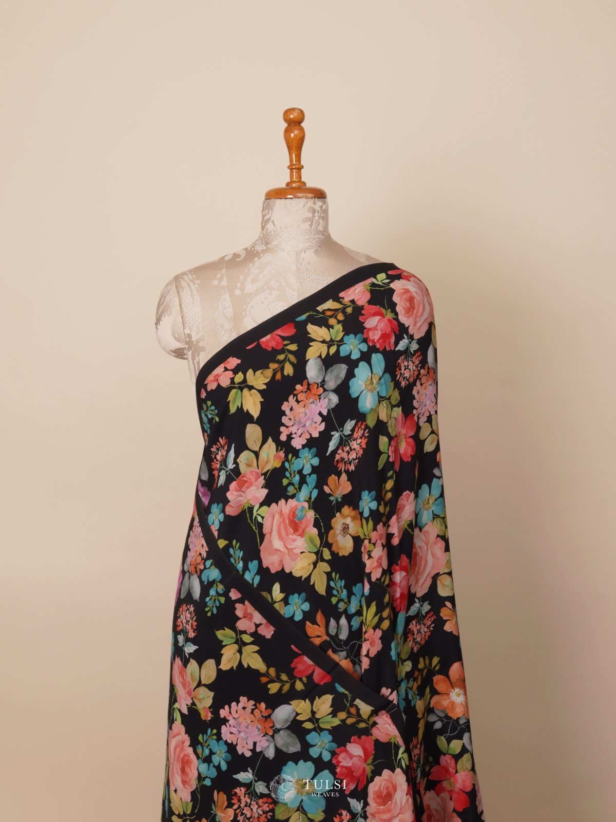 Black Floral Printed Crepe Silk Saree