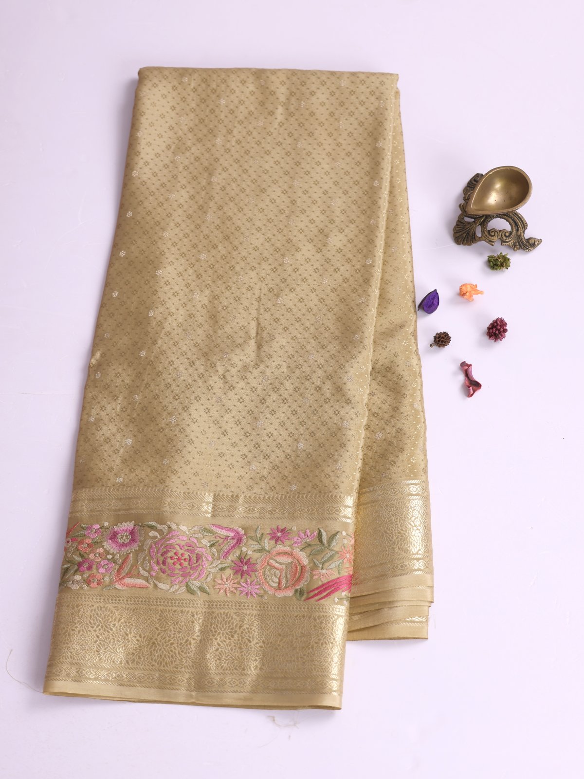 Dark Beige Crepe Silk Saree With Embroidered Border