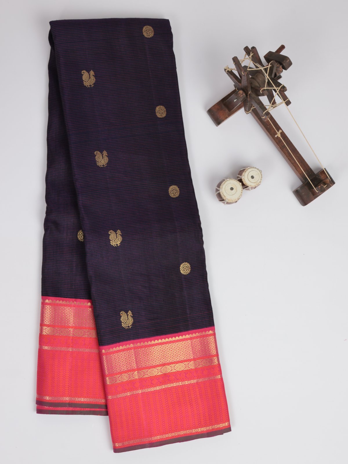 Dark Purplish Blue Striped Kanjeevaram Linen Saree