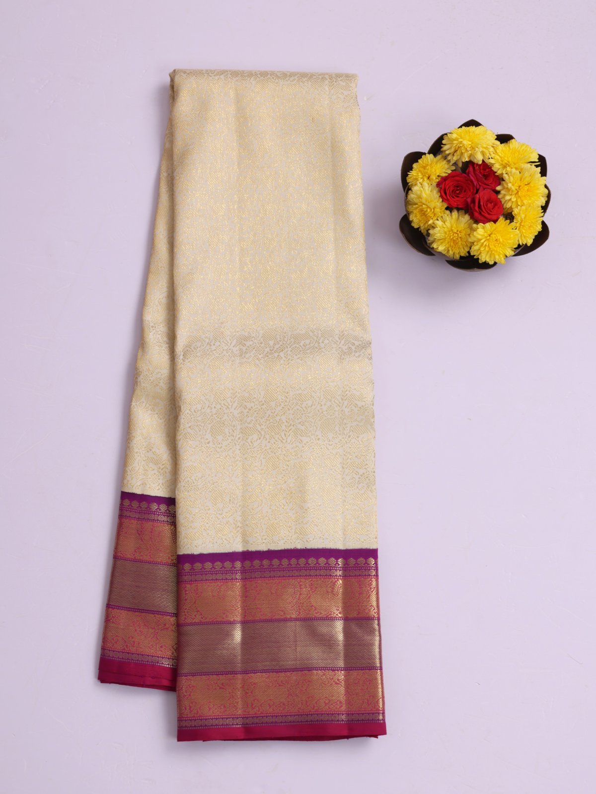 Off White Zari Brocade Kanjeevaram Silk Saree With Purple border