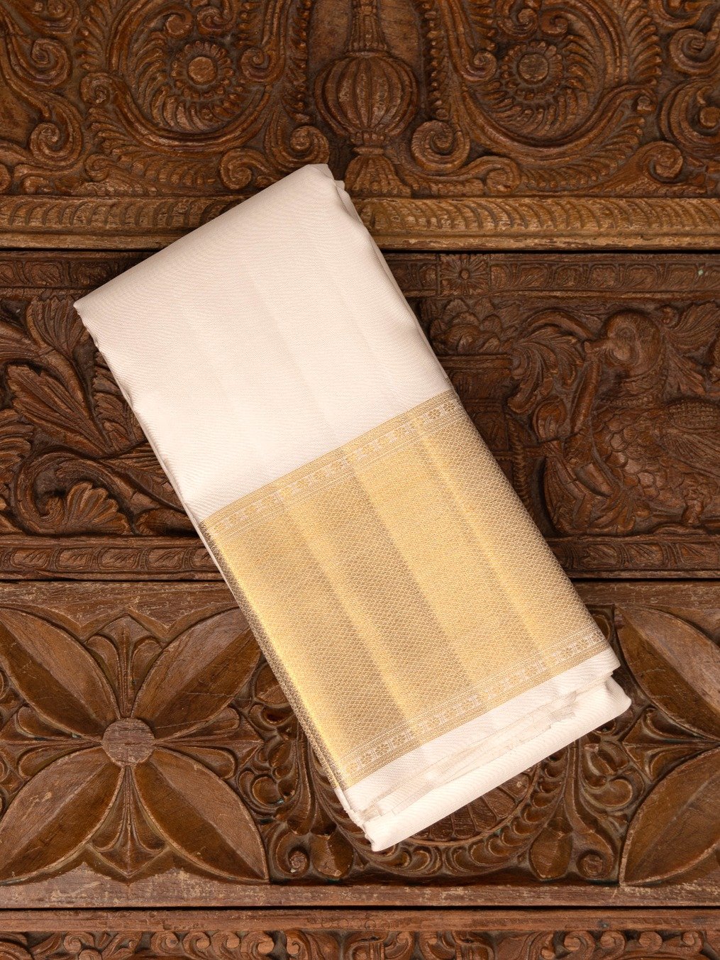 White Silk Dhoti With Tissue Gold Self Zari Border