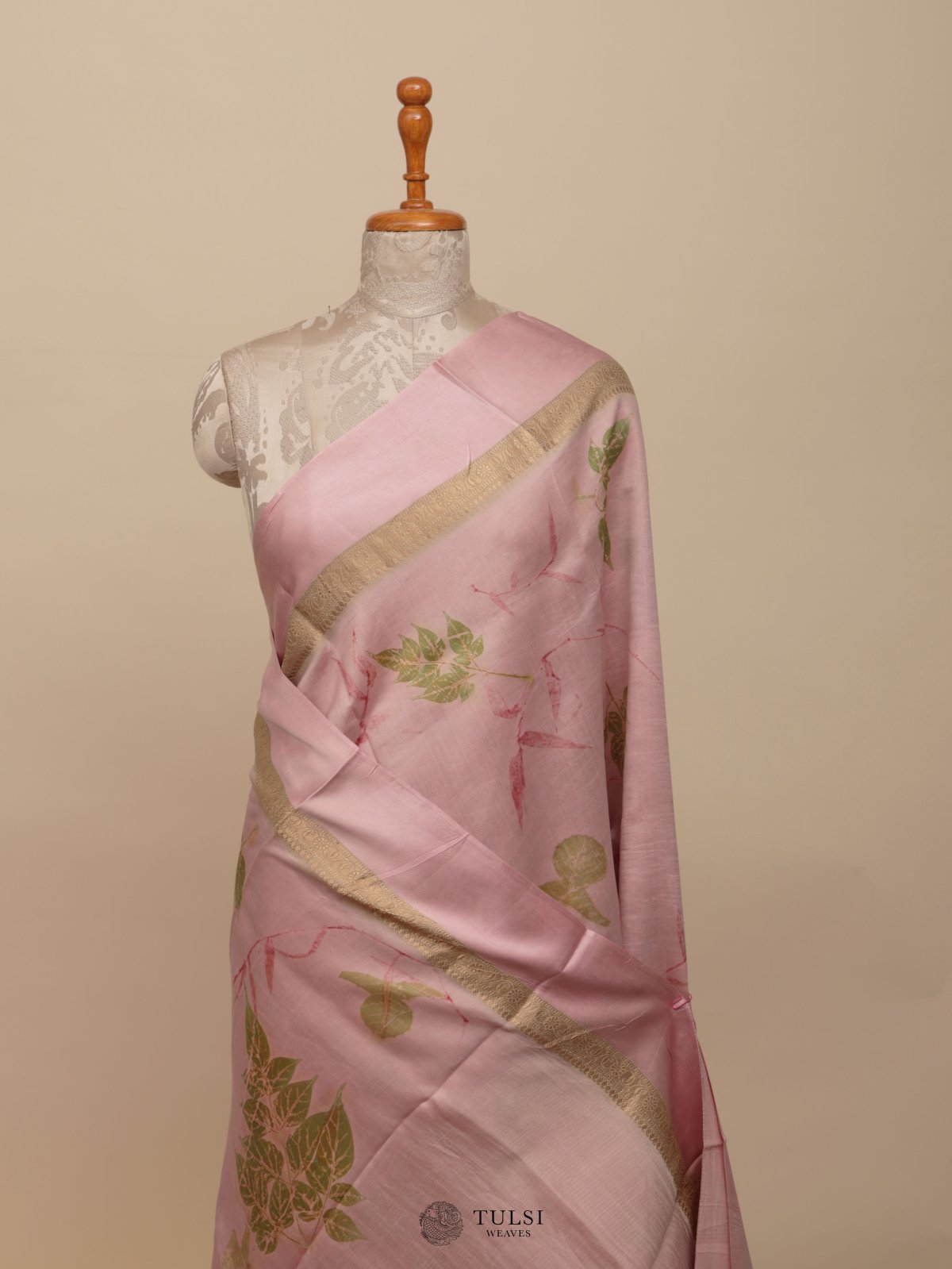 Pastel Pink Eco Print Silk Saree With Satin Border