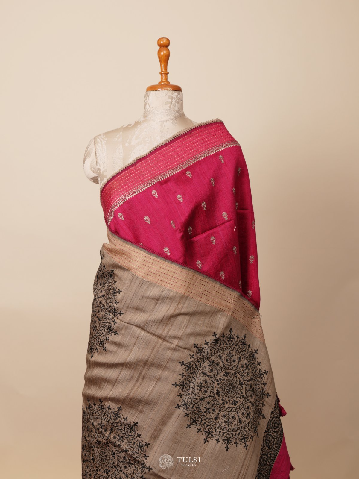Rani Pink Raw Silk Saree With Kantha Embroidery Border