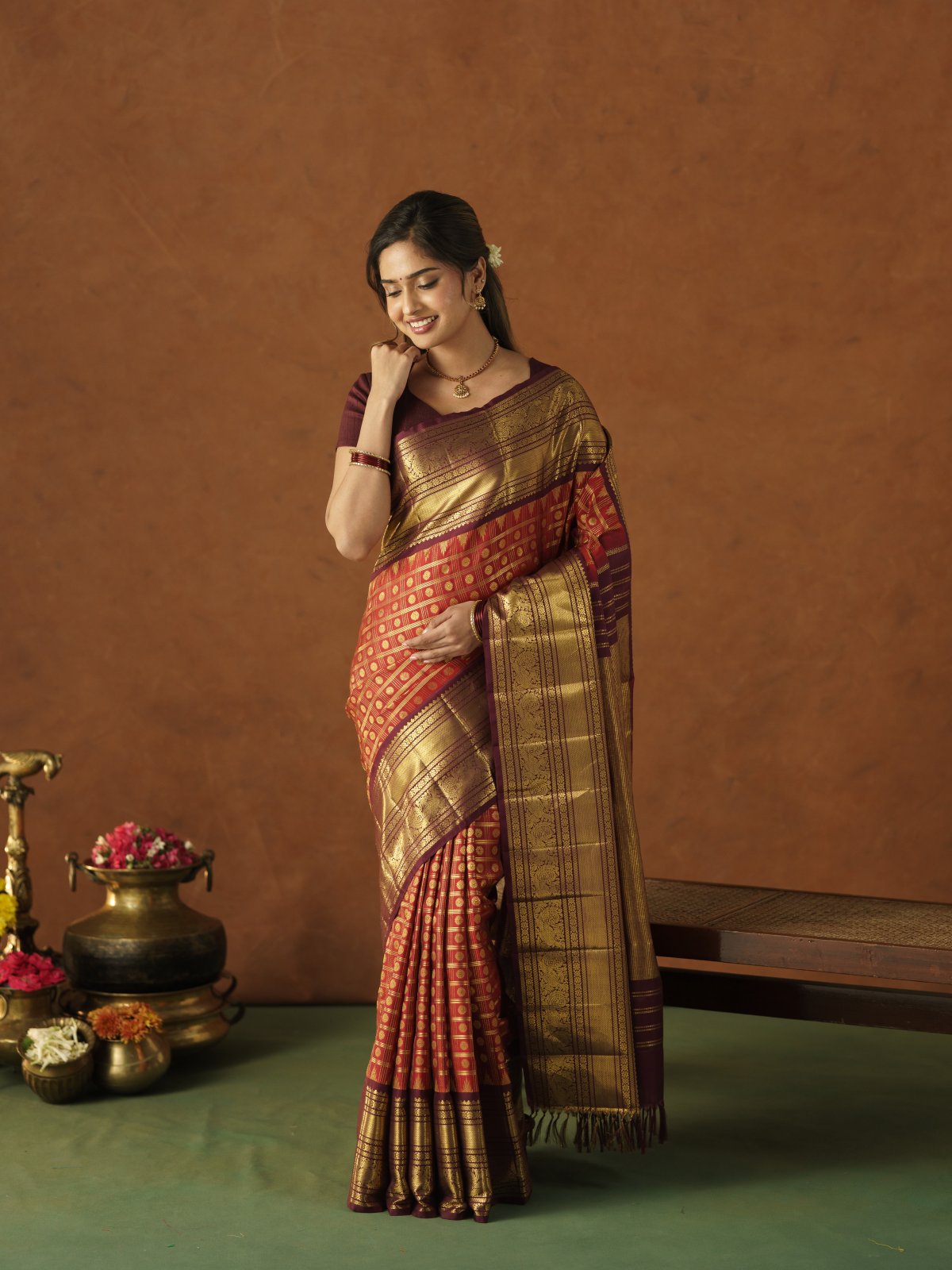 Wine Red Checked Kanjeevaram Silk Sarees With Maroon Border