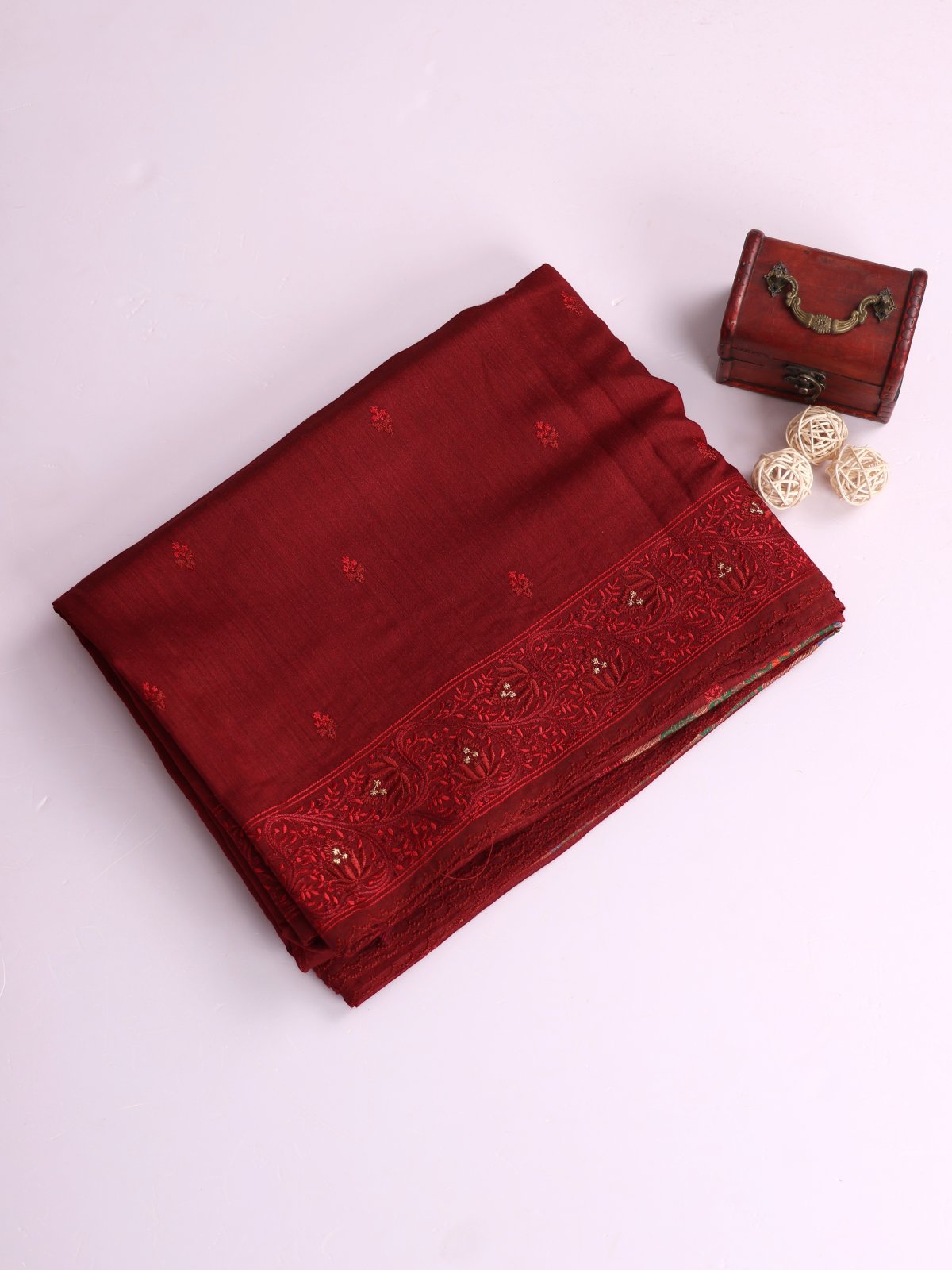 Maroon Embroidered Munga Tussar Silk Saree