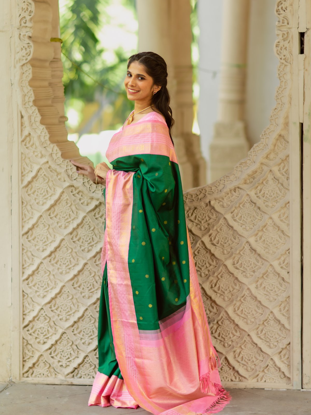 Green Kanjeevaram Silk Saree With Light Pink Border