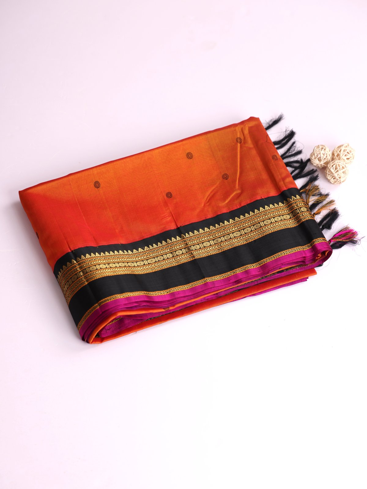 Pinkish Orange Silk Cotton Saree With Black Border