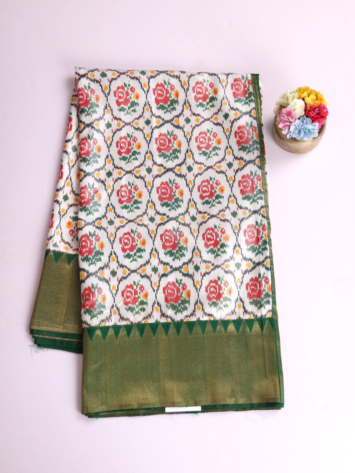 Off White Patola Silk Saree With Bottle Green Kanjeevaram Zari Border