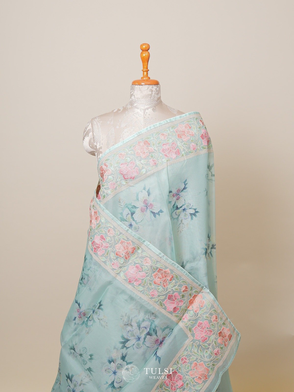 Light Teal Organza Silk Saree