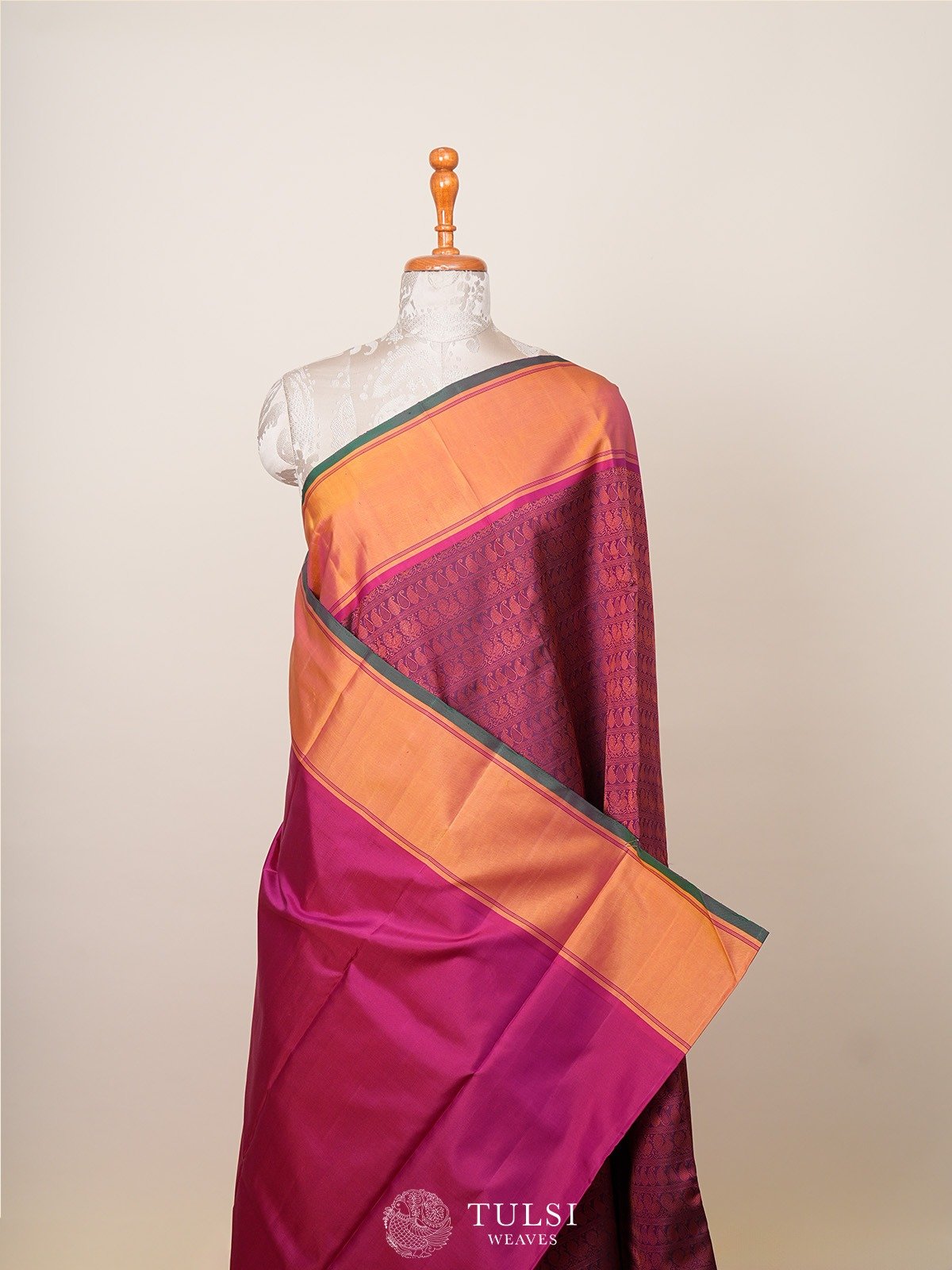 Dark Purple Thread Brocade Kanjeevaram Silk Saree with Ganga Jamuna Border