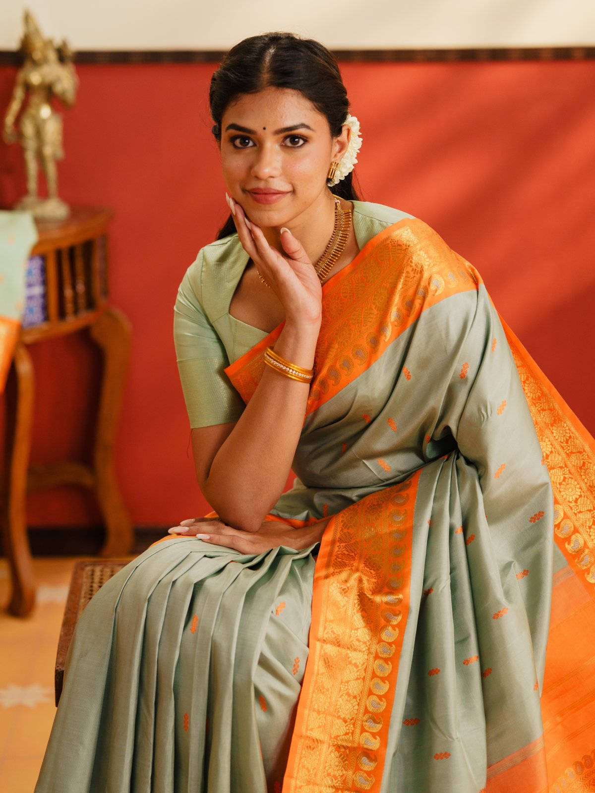 Vintage 18 - Pastel Green Blue Kanjeevaram Silk Saree With Orange Border