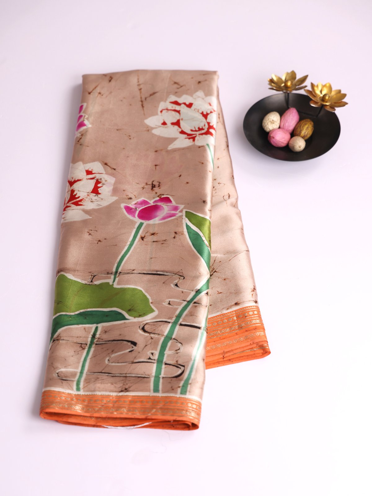 Peach Batik Printed Satin Silk Saree With Orange Zari Border
