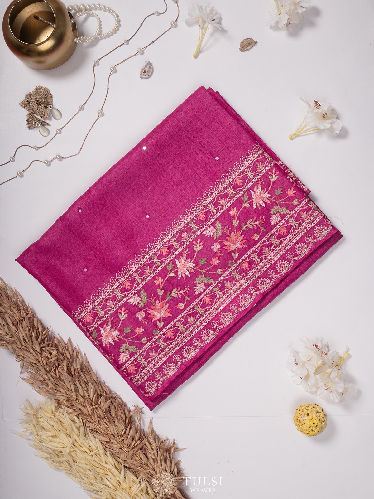 Pink Tussar Silk Saree with Embroidery Border