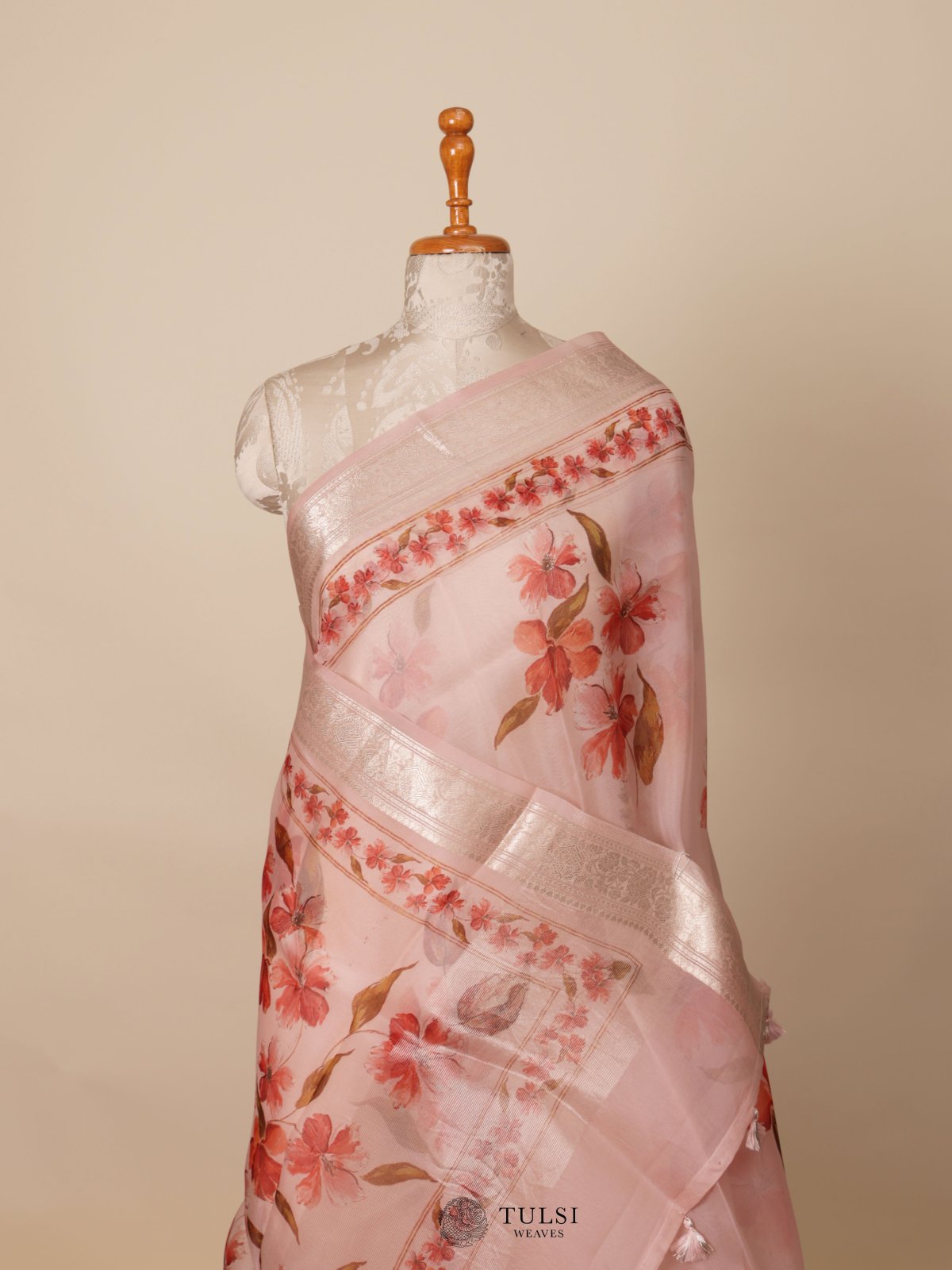 Peach Floral Printed Organza Silk Saree