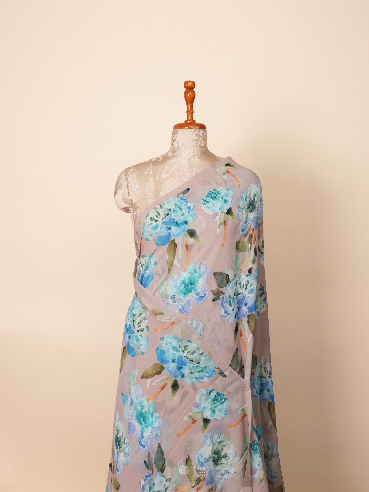 Grey Floral Printed Georgette Silk Saree