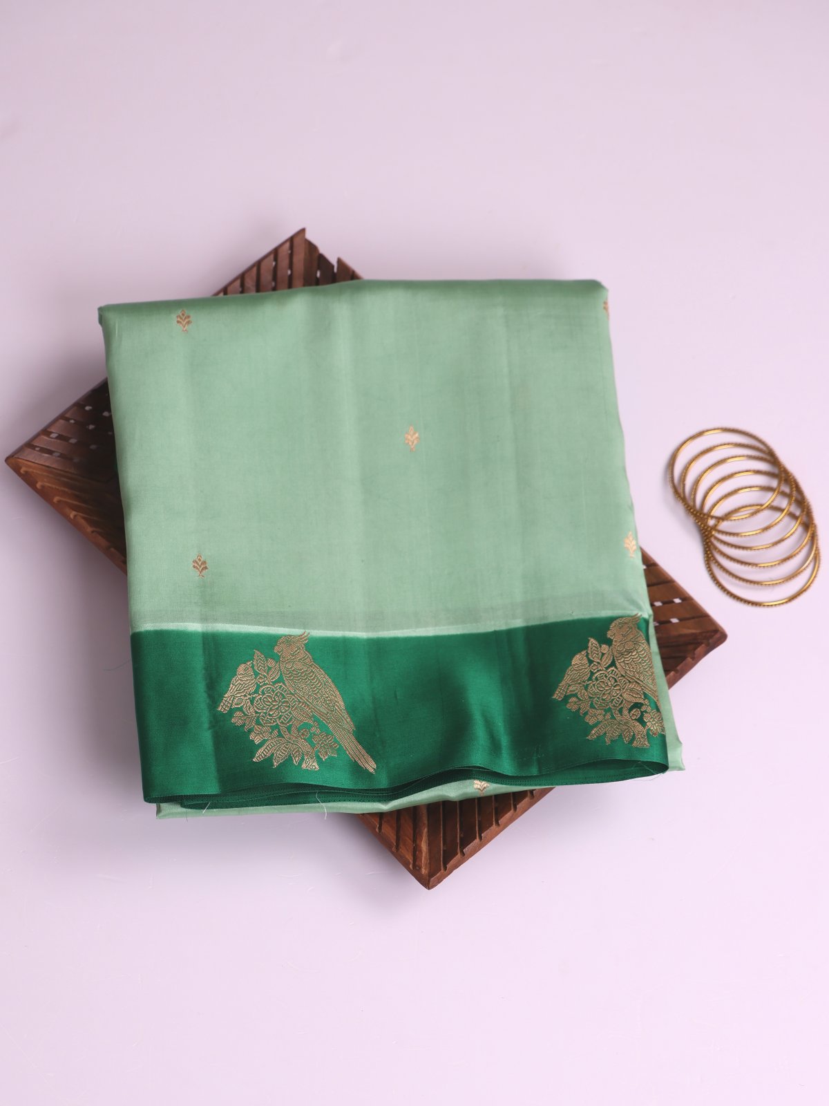 Light Green Mashru Silk Saree With Emerald Satin Border