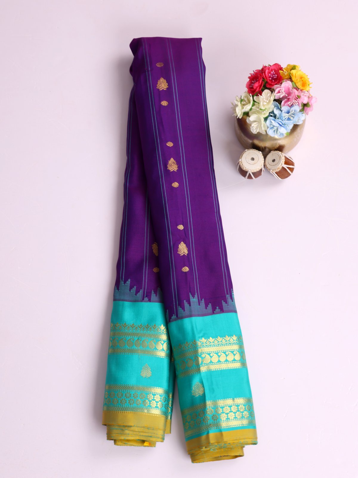 Dark Violet Striped Gadwal Silk Saree with Turquoise Border