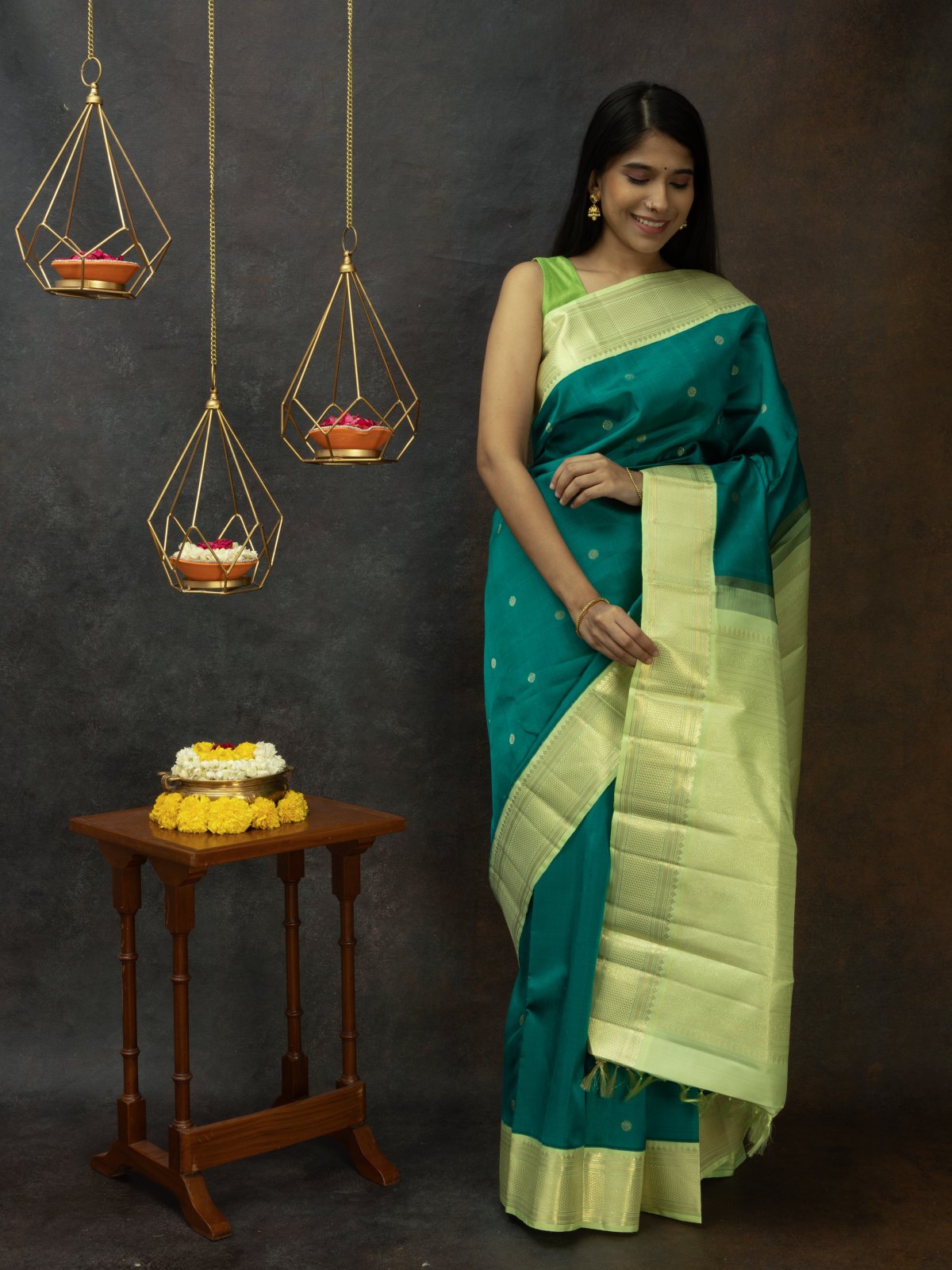 Peacock Blue Kanjeevaram Silk Saree With Light Green Border 