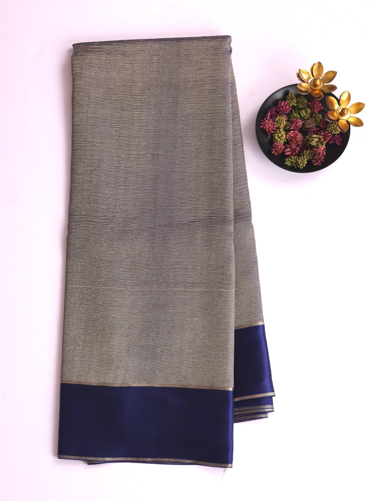 Navy Blue Zari Striped Mysore Silk Saree With Satin Border 