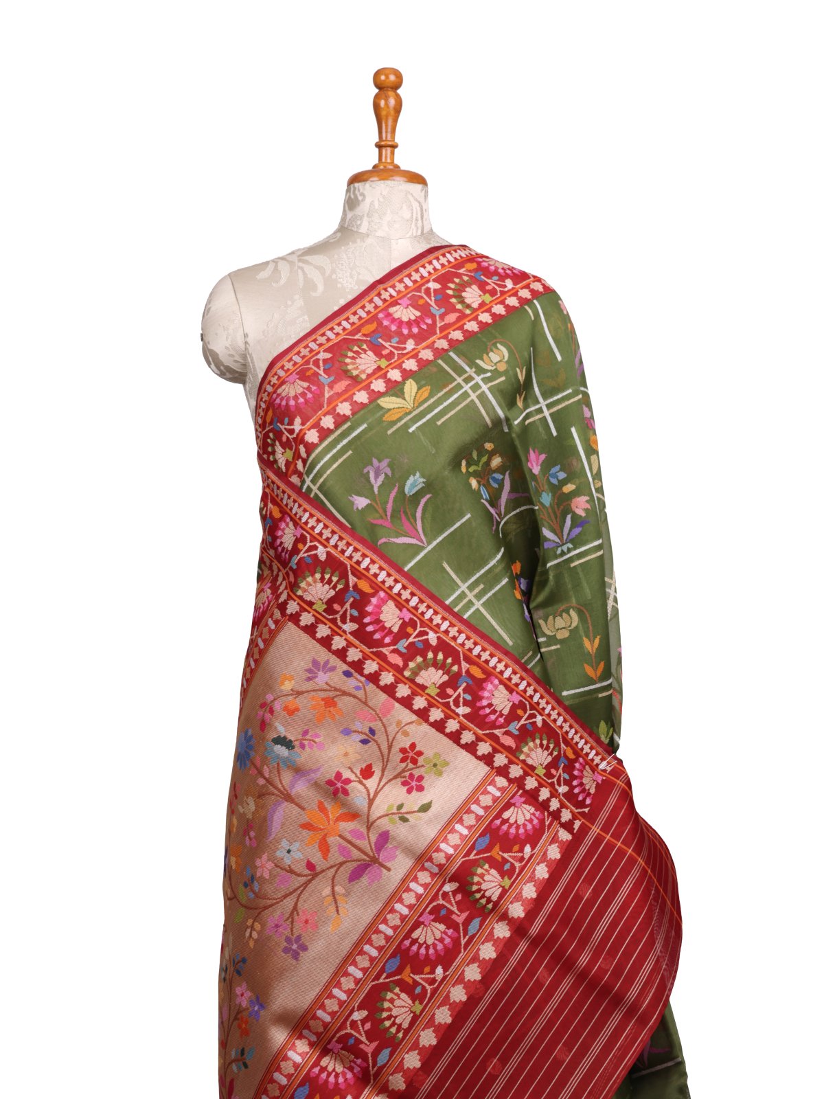 Mehndi Green Kora Jamdani Silk Saree With Red Border
