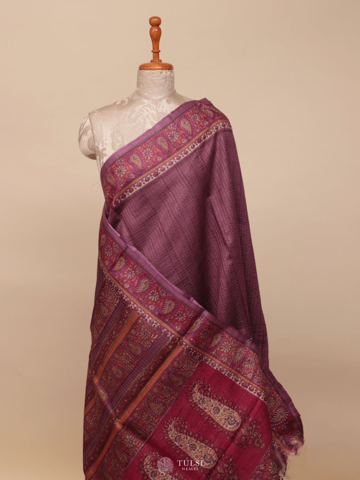 Light Burgundy Munga Tussar Silk Saree