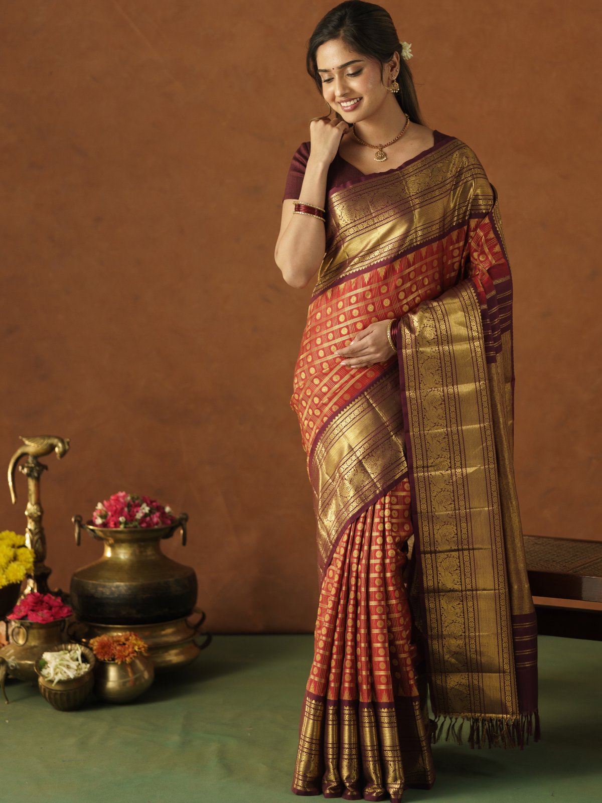 Wine Red Checked Kanjeevaram Silk Sarees With Maroon Border