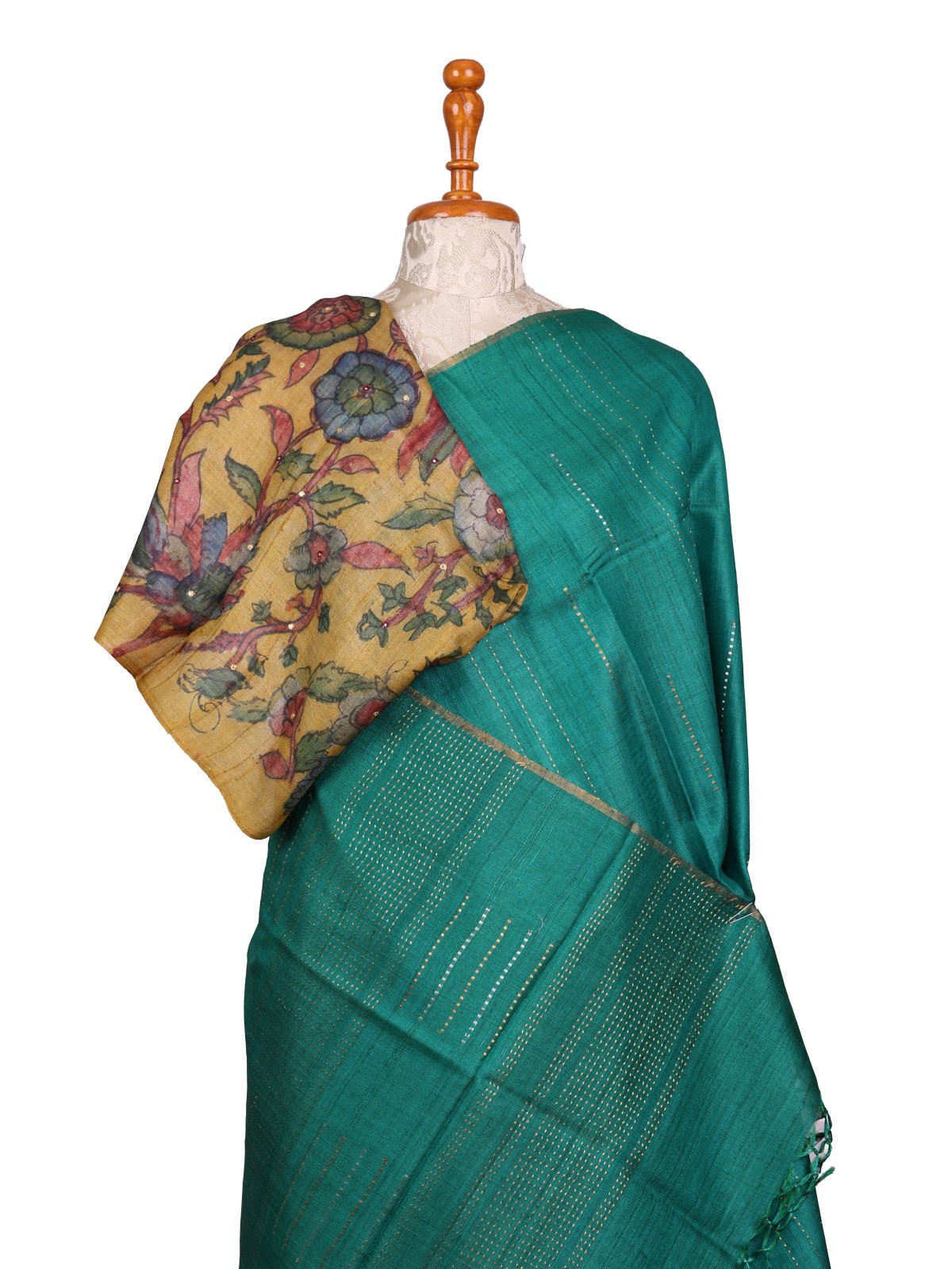 Teal Green Zari Striped Tussar Silk Saree With Kalamkari Blouse