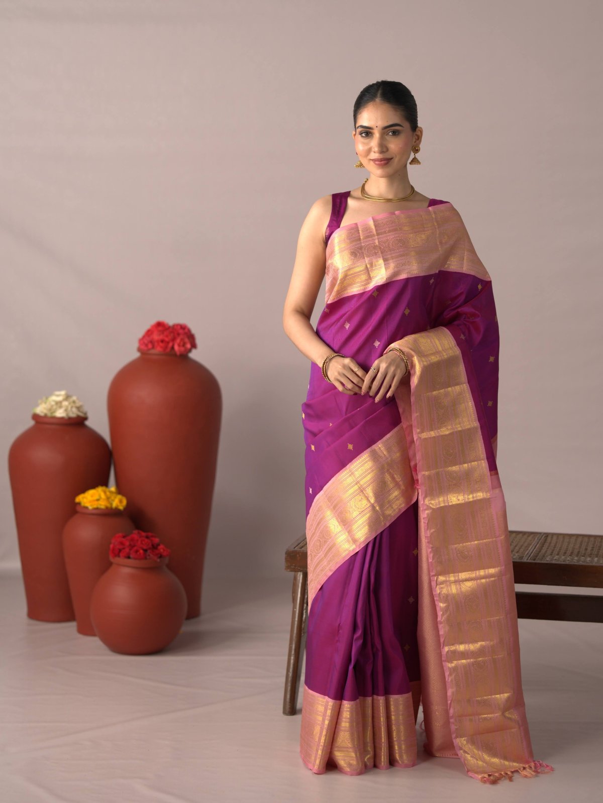Magenta Kanjeevaram Silk Saree With Light Pink Border