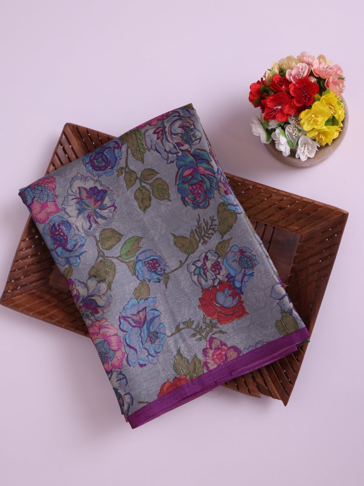 Grey Printed Tussar Silk Saree