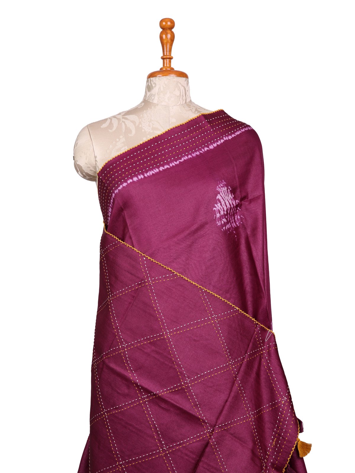 Magenta Shibori Tussar Silk Saree With Kantha Embroidery