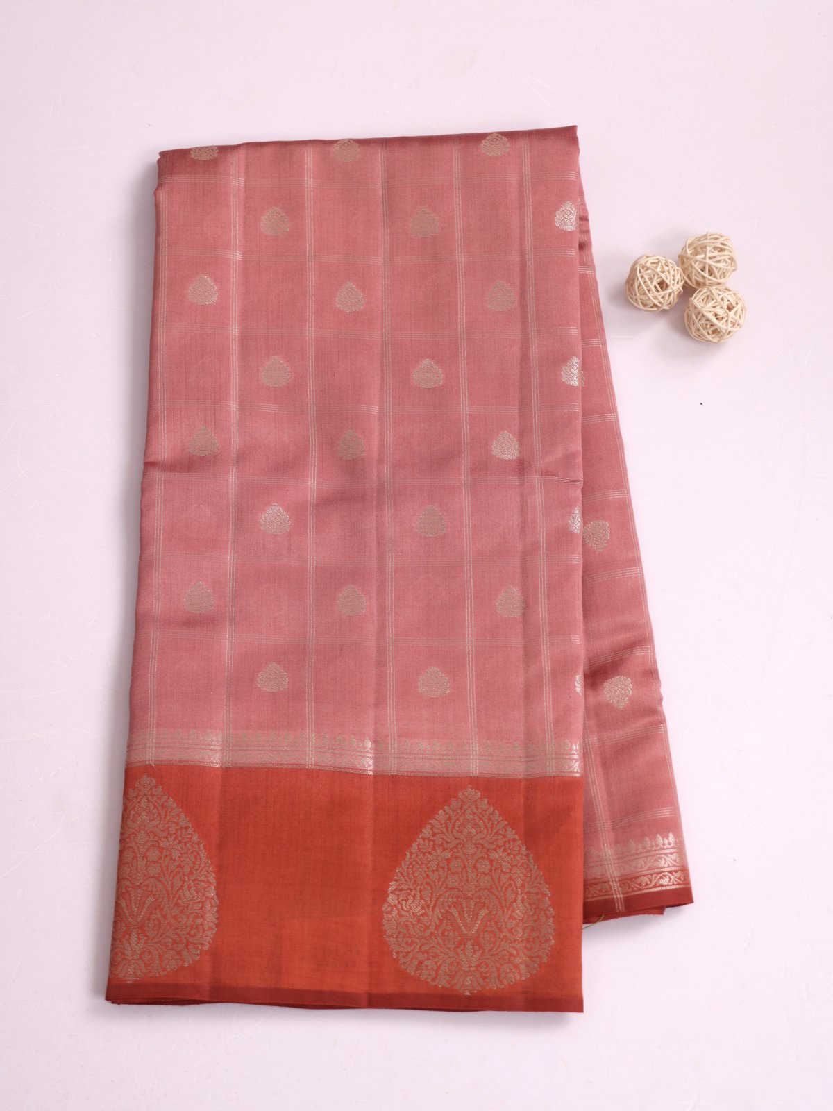 Peachy Pink Zari Checked Chaniya Silk Saree 